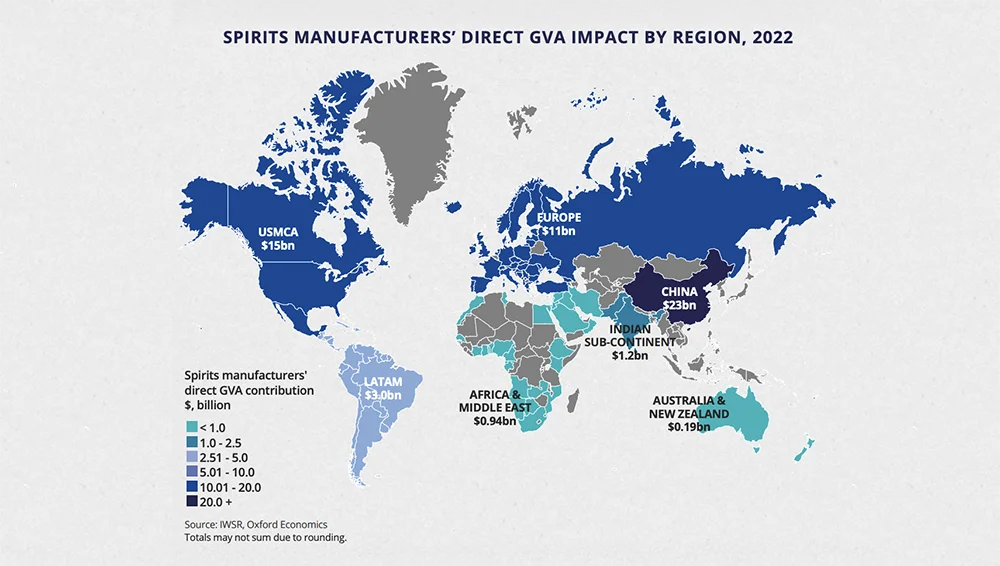 A map of the world with corresponding data about Spirits manufacturers direct impact by region